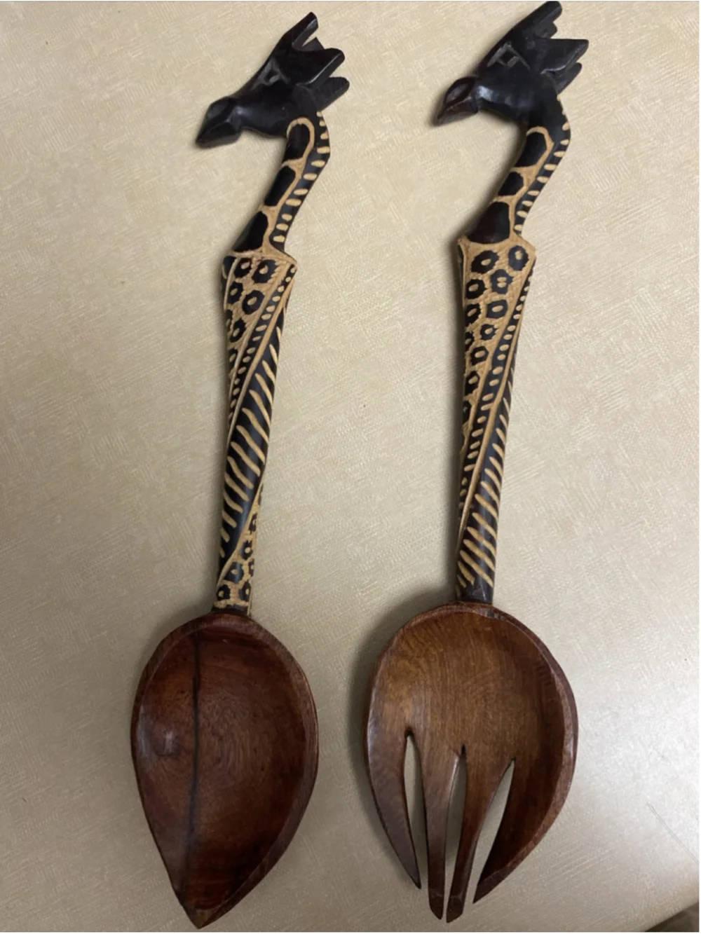 Wooden Hand Carved African Giraffe Salad Spoon and Fork Serving Set - 12 inches